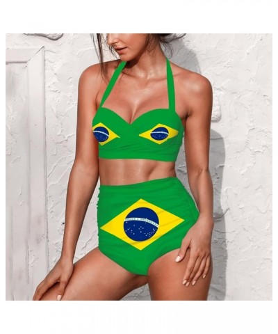 Women Bikini Set High Waisted Tummy Control Halter Top Swimsuit Two Piece with Bottoms Bathing Suit Brazil Flag $14.70 Swimsuits