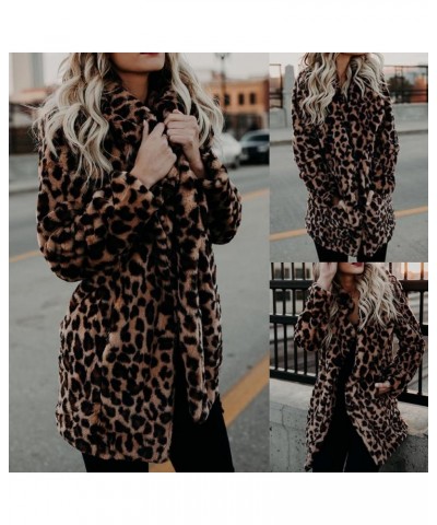 Women's Fuzzy Fleece Lapel Open Front Long Cardigan Leopard Coat Faux Fur Warm Winter Outwear Jackets with Pockets Brown_leop...