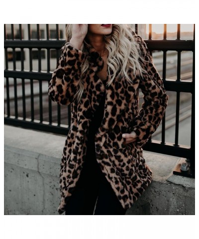 Women's Fuzzy Fleece Lapel Open Front Long Cardigan Leopard Coat Faux Fur Warm Winter Outwear Jackets with Pockets Brown_leop...