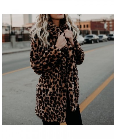 Women's Fuzzy Fleece Lapel Open Front Long Cardigan Leopard Coat Faux Fur Warm Winter Outwear Jackets with Pockets Brown_leop...