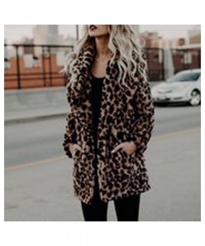 Women's Fuzzy Fleece Lapel Open Front Long Cardigan Leopard Coat Faux Fur Warm Winter Outwear Jackets with Pockets Brown_leop...