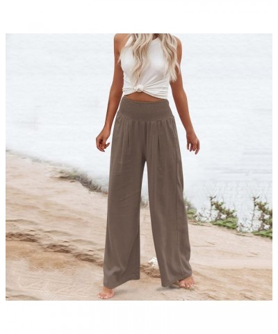 Women's Cotton Linen Wide Leg Pants Smocked Ruffle High Waisted Casual Loose Cozy Yoga Sweatpants Lounge Pajamas with Pocket ...