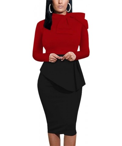 Women's Fashion Peplum Bodycon Short Sleeve Work Dresses Bow Club Ruffle Pencil Formal Cocktail Dress 5427-4 Red $24.50 Dresses