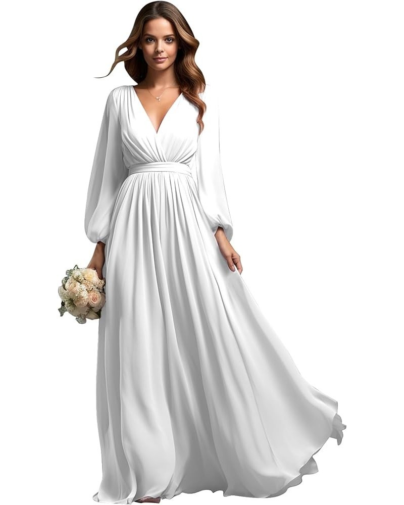 Women's Bridesmaid Dresses with Sleeves V Neck Long Slit Formal Evening Party Gown White $30.55 Dresses