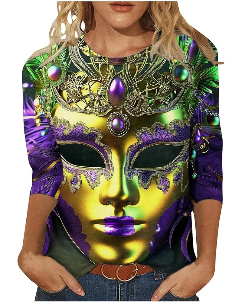 Theme Party Mask Printed 3/4 Sleeves Round Neck Women Tops Mardi Gras Carnival Mardi Gras Outfit Mardi Gras Shirts H09 Multic...