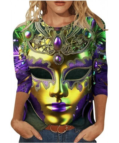 Theme Party Mask Printed 3/4 Sleeves Round Neck Women Tops Mardi Gras Carnival Mardi Gras Outfit Mardi Gras Shirts H09 Multic...