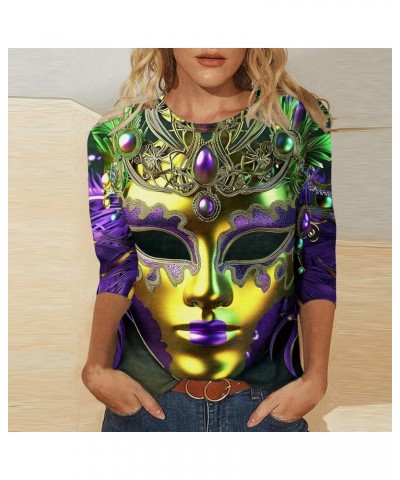 Theme Party Mask Printed 3/4 Sleeves Round Neck Women Tops Mardi Gras Carnival Mardi Gras Outfit Mardi Gras Shirts H09 Multic...