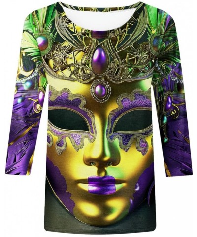 Theme Party Mask Printed 3/4 Sleeves Round Neck Women Tops Mardi Gras Carnival Mardi Gras Outfit Mardi Gras Shirts H09 Multic...