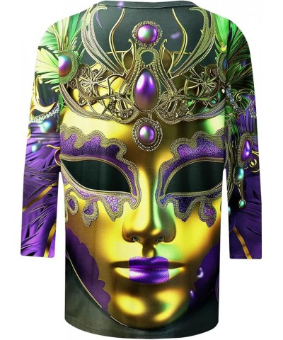 Theme Party Mask Printed 3/4 Sleeves Round Neck Women Tops Mardi Gras Carnival Mardi Gras Outfit Mardi Gras Shirts H09 Multic...