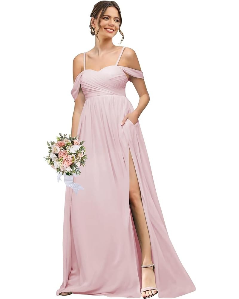 Women's Cold Shoulder Bridemaid Dresses Ruched Chiffon Sweetheart Corset Formal Evening Party Dress with Pockets Pink $17.86 ...