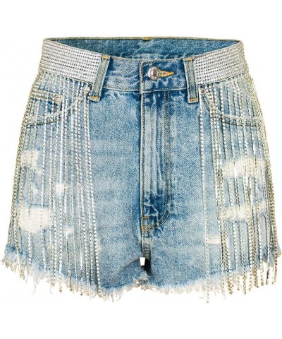 Women's Shiny Jean Shorts Rhinestone Fringe Tassels Wide Leg Sexy Summer Denim Short Jeans Blue-sl130 $16.66 Shorts