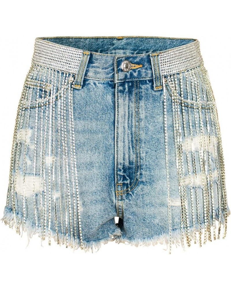 Women's Shiny Jean Shorts Rhinestone Fringe Tassels Wide Leg Sexy Summer Denim Short Jeans Blue-sl130 $16.66 Shorts