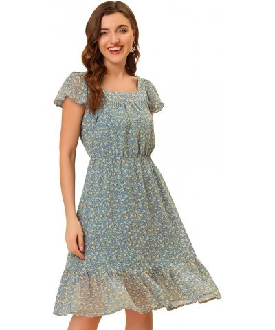 Women's Floral Chiffon Flutter Sleeve Belted Square Neck Ruffled Hem Dress Blue Gray $15.58 Dresses