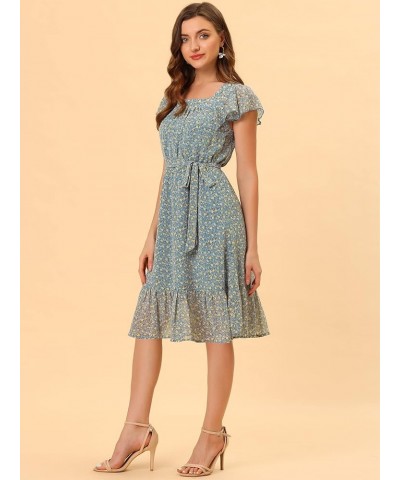 Women's Floral Chiffon Flutter Sleeve Belted Square Neck Ruffled Hem Dress Blue Gray $15.58 Dresses