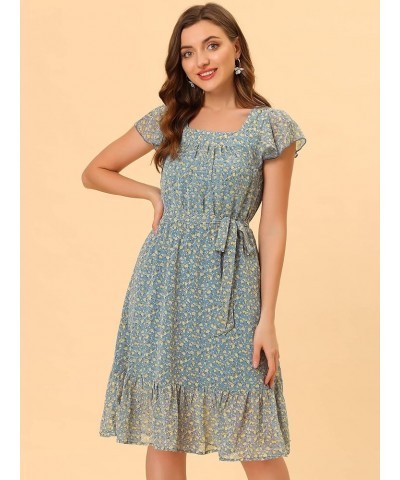 Women's Floral Chiffon Flutter Sleeve Belted Square Neck Ruffled Hem Dress Blue Gray $15.58 Dresses