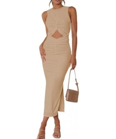 Women's Long Dress Sleeveless Crew Neck Twist Front Cutout Solid Color Slim Fit Tank Dress Party Outfit Khaki-125002 $12.17 S...