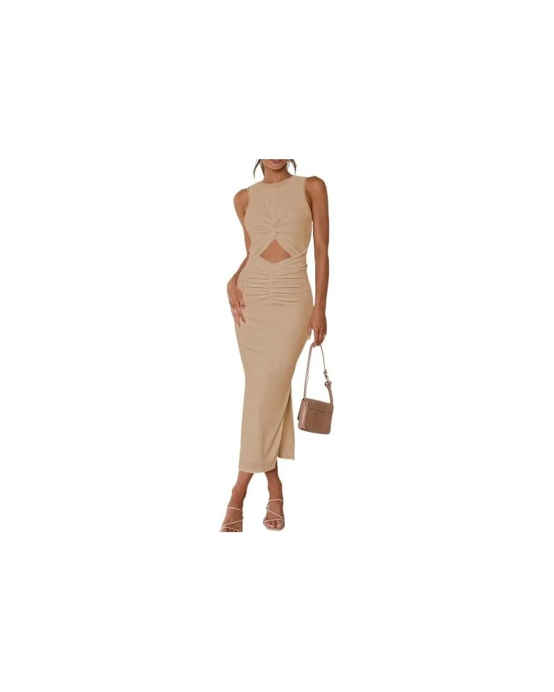 Women's Long Dress Sleeveless Crew Neck Twist Front Cutout Solid Color Slim Fit Tank Dress Party Outfit Khaki-125002 $12.17 S...