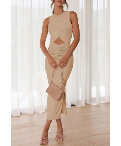 Women's Long Dress Sleeveless Crew Neck Twist Front Cutout Solid Color Slim Fit Tank Dress Party Outfit Khaki-125002 $12.17 S...