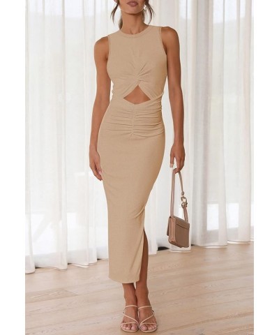 Women's Long Dress Sleeveless Crew Neck Twist Front Cutout Solid Color Slim Fit Tank Dress Party Outfit Khaki-125002 $12.17 S...