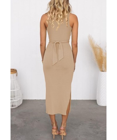 Women's Long Dress Sleeveless Crew Neck Twist Front Cutout Solid Color Slim Fit Tank Dress Party Outfit Khaki-125002 $12.17 S...