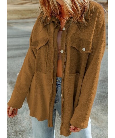 Womens 2023 Lapel Long Sleeve Raw Edge Shacket Jacket Button Down Fall Shirt Coat with Pockets Brown $19.59 Jackets