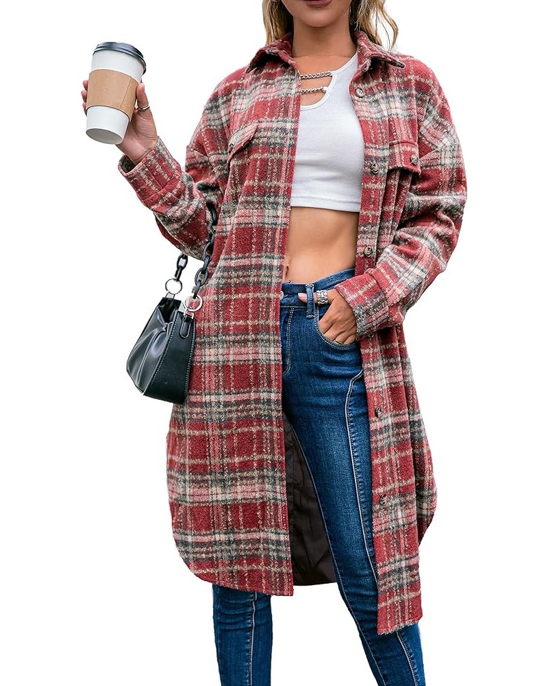 Women's Casual Plaid Lapel Shacket Jacket Wool Blend Button Up Shirt Loose Oversize Coat 4-wine Red-upgraded Lining $17.64 Coats