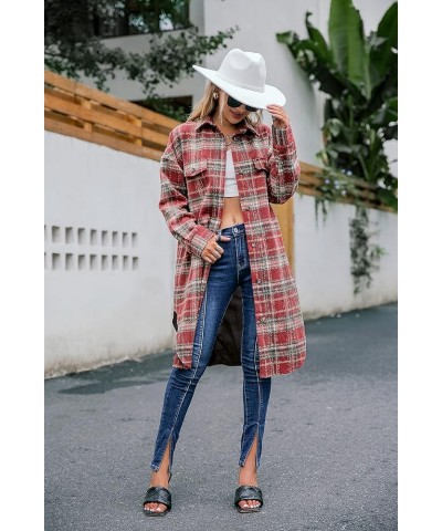 Women's Casual Plaid Lapel Shacket Jacket Wool Blend Button Up Shirt Loose Oversize Coat 4-wine Red-upgraded Lining $17.64 Coats