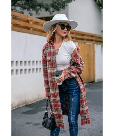 Women's Casual Plaid Lapel Shacket Jacket Wool Blend Button Up Shirt Loose Oversize Coat 4-wine Red-upgraded Lining $17.64 Coats