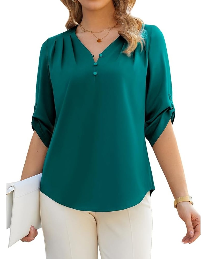 Women's Work Blouse V Neck 3/4 Sleeves Shirts Pleated Button Business Casual Office Satin Tunic Tops Dark Green $14.19 Blouses