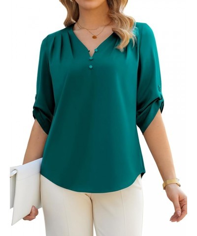 Women's Work Blouse V Neck 3/4 Sleeves Shirts Pleated Button Business Casual Office Satin Tunic Tops Dark Green $14.19 Blouses