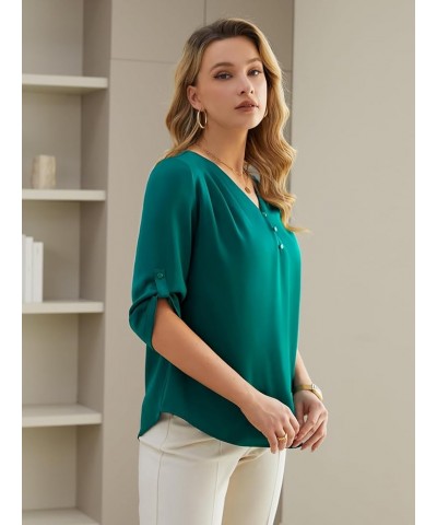 Women's Work Blouse V Neck 3/4 Sleeves Shirts Pleated Button Business Casual Office Satin Tunic Tops Dark Green $14.19 Blouses