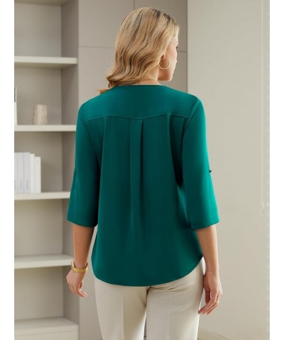 Women's Work Blouse V Neck 3/4 Sleeves Shirts Pleated Button Business Casual Office Satin Tunic Tops Dark Green $14.19 Blouses