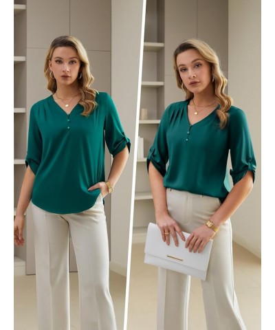 Women's Work Blouse V Neck 3/4 Sleeves Shirts Pleated Button Business Casual Office Satin Tunic Tops Dark Green $14.19 Blouses