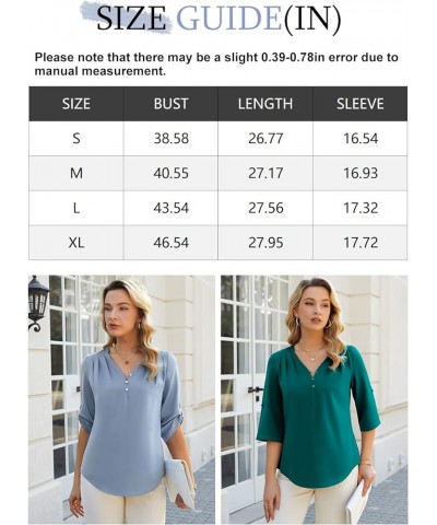 Women's Work Blouse V Neck 3/4 Sleeves Shirts Pleated Button Business Casual Office Satin Tunic Tops Dark Green $14.19 Blouses