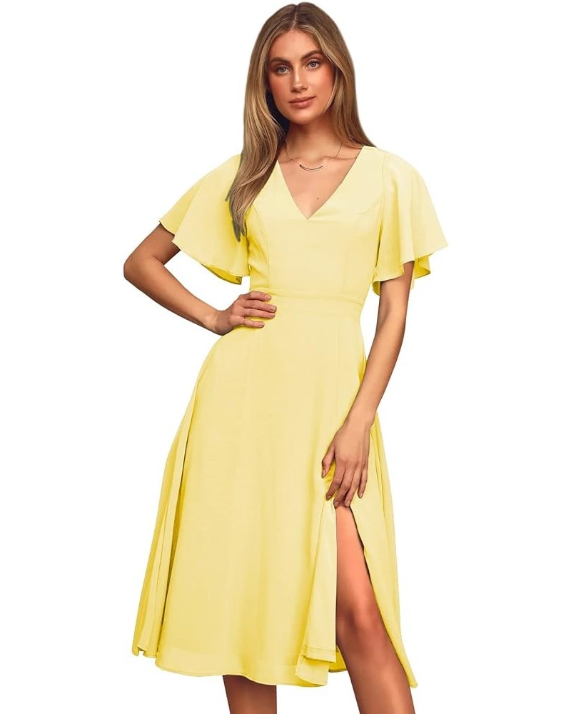 Women's Short Sleeve Bridesmaid Dresses with Slit V Neck Chiffon Short Formal Evening Gowns Yellow $20.70 Dresses