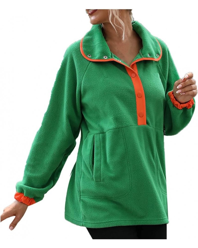 Womens Winter Fashion 2022 Loose Long Sleeve Lapel Colorblock Breasted Fleece Pullover Plush Sweatshirt Casual Tops Green $10...