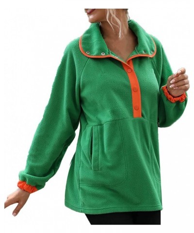 Womens Winter Fashion 2022 Loose Long Sleeve Lapel Colorblock Breasted Fleece Pullover Plush Sweatshirt Casual Tops Green $10...