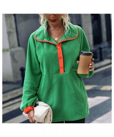 Womens Winter Fashion 2022 Loose Long Sleeve Lapel Colorblock Breasted Fleece Pullover Plush Sweatshirt Casual Tops Green $10...