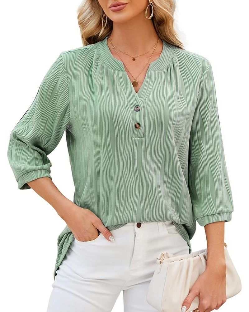 Women's 3/4 Sleeve Tops Notch V Neck Textured Blouse for Women Dressy Casual with Two Buttons Tunic Top S-XXL Green $12.00 Tops