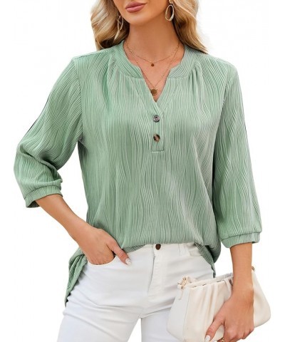 Women's 3/4 Sleeve Tops Notch V Neck Textured Blouse for Women Dressy Casual with Two Buttons Tunic Top S-XXL Green $12.00 Tops