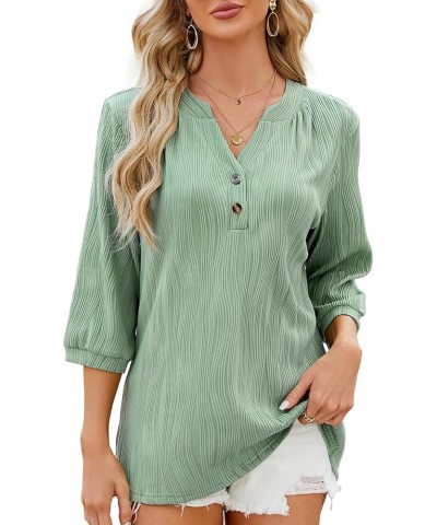 Women's 3/4 Sleeve Tops Notch V Neck Textured Blouse for Women Dressy Casual with Two Buttons Tunic Top S-XXL Green $12.00 Tops