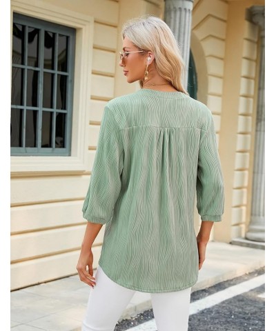 Women's 3/4 Sleeve Tops Notch V Neck Textured Blouse for Women Dressy Casual with Two Buttons Tunic Top S-XXL Green $12.00 Tops