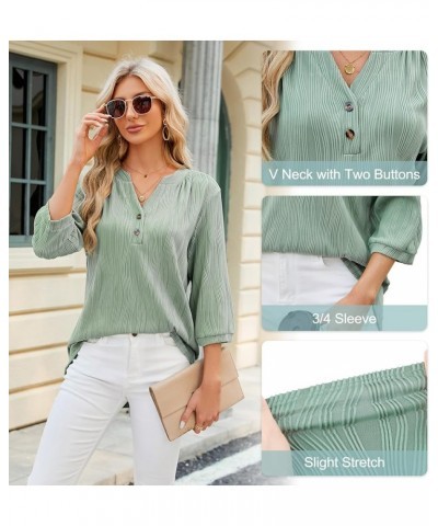 Women's 3/4 Sleeve Tops Notch V Neck Textured Blouse for Women Dressy Casual with Two Buttons Tunic Top S-XXL Green $12.00 Tops