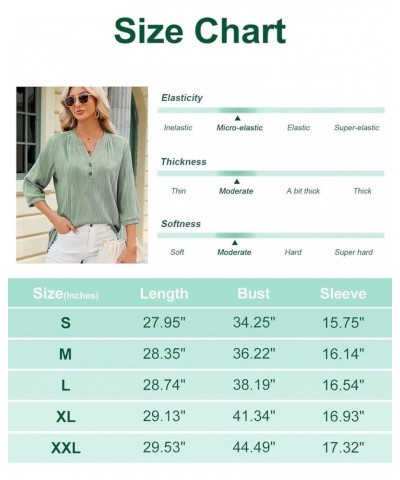 Women's 3/4 Sleeve Tops Notch V Neck Textured Blouse for Women Dressy Casual with Two Buttons Tunic Top S-XXL Green $12.00 Tops