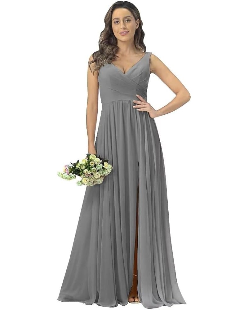 V Neck Chiffon Bridesmaid Dresses with Slit Prom Dress Long A Line Formal Evening Gown Grey $28.98 Dresses