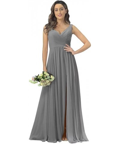 V Neck Chiffon Bridesmaid Dresses with Slit Prom Dress Long A Line Formal Evening Gown Grey $28.98 Dresses