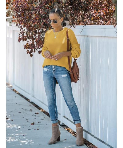 Women's 2024 Fall Long Balloon Sleeve Crew Neck Sweater Tops Waffle Knit Soft Pullover Jumper Mustard $24.00 Sweaters