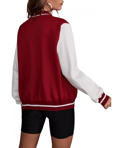 Women's Casual Color Block Letter Patched Button Down Baseball Collar Bomber Jacket Coat Burgundy $21.99 Jackets