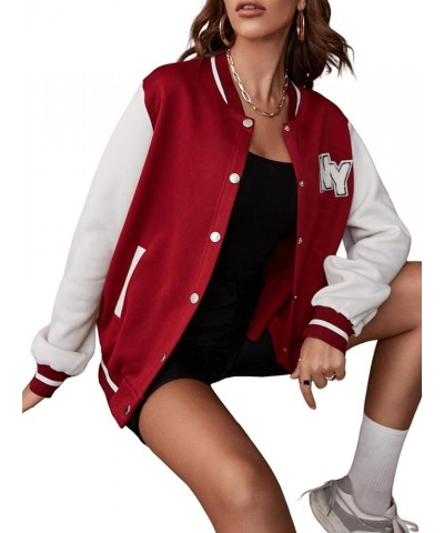 Women's Casual Color Block Letter Patched Button Down Baseball Collar Bomber Jacket Coat Burgundy $21.99 Jackets