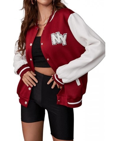 Women's Casual Color Block Letter Patched Button Down Baseball Collar Bomber Jacket Coat Burgundy $21.99 Jackets